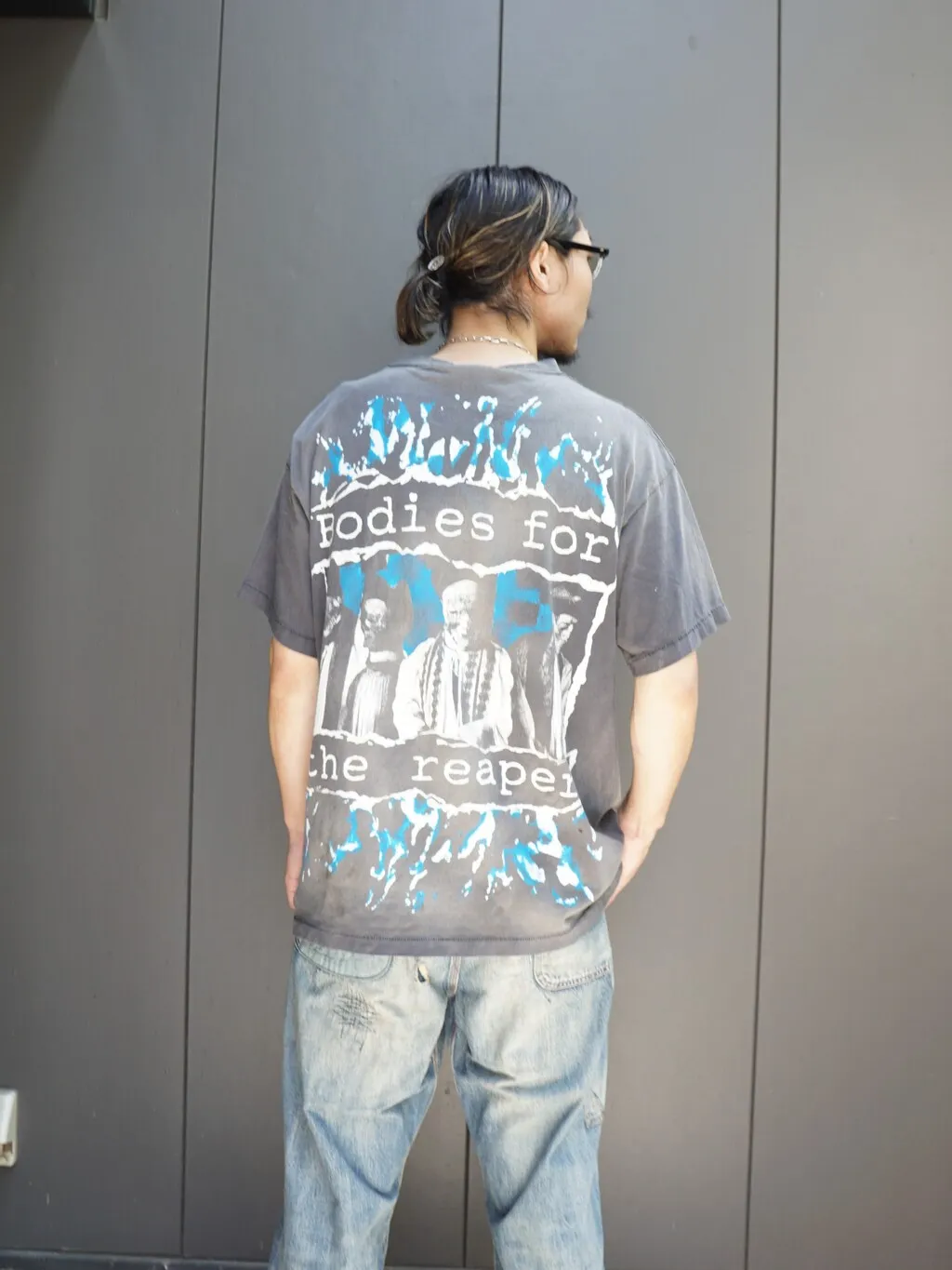 SAINT MICHAEL SS TEE/B FOR REAPER Jesus Hell's Angels Washed and Distressed Short Sleeves Washed Black S-XL Garment Dyed Printed Washed and Distressed